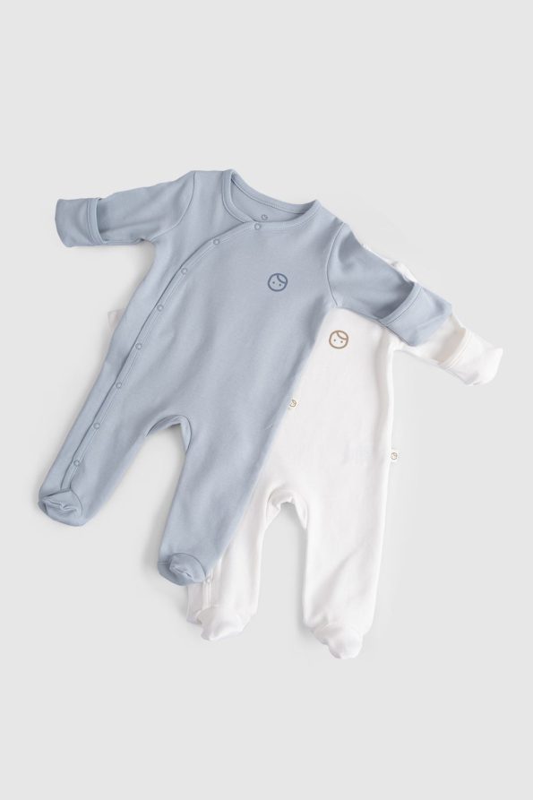 Self-Mitten Footed 2-Piece Organic Cotton Blue - Ecru Romper Set