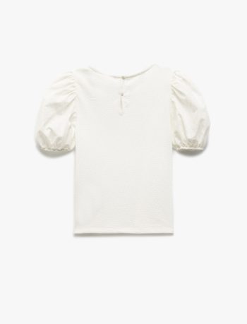 Girls' Balloon Sleeve Crew Neck Embroidered Basic Blouse