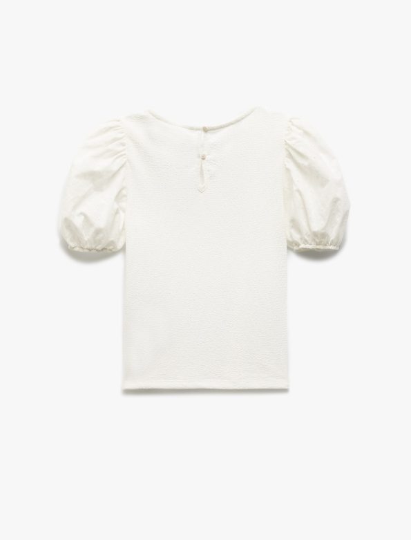 Girls' Balloon Sleeve Crew Neck Embroidered Basic Blouse