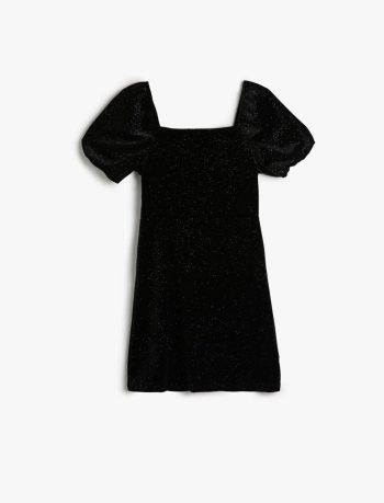 Girls' Velvet Dress with Balloon Sleeves and Square Neckline