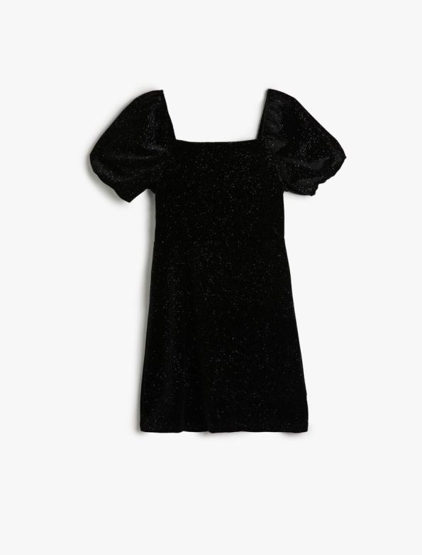 Girls' Velvet Dress with Balloon Sleeves and Square Neckline