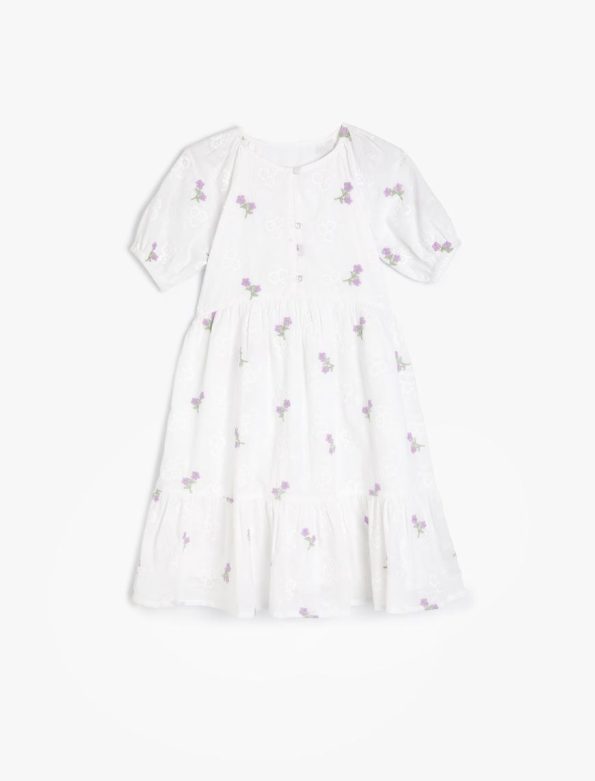 Girls' Cotton Floral Dress with Embroidery and Balloon Sleeves