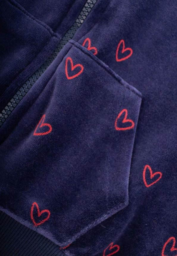 Heart Patterned Velvet Zippered Sweatshirt for Ages 2-8 in Navy