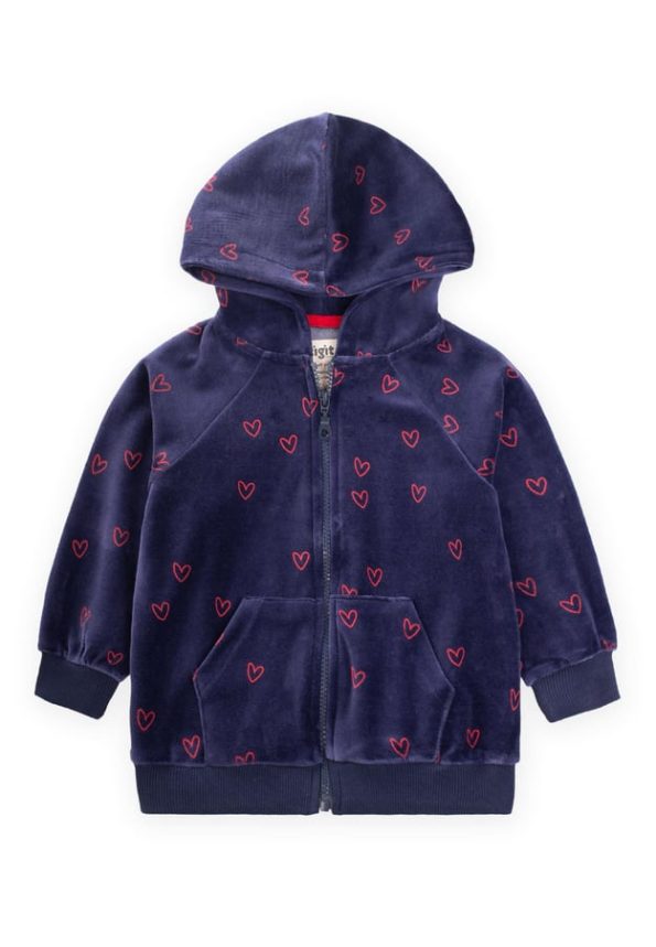 Heart Patterned Velvet Zippered Sweatshirt for Ages 2-8 in Navy