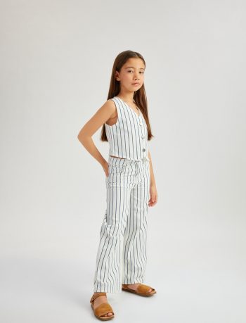 Girls' Cotton Striped Wide Leg Denim Pants