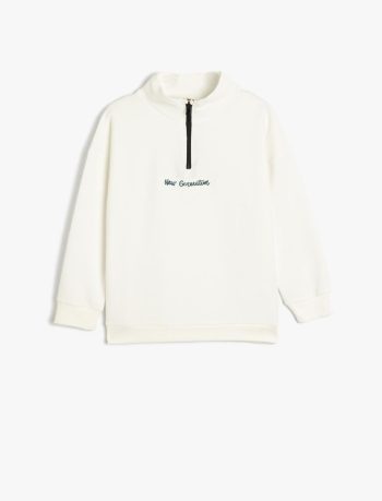 Boys' Long Sleeve Mock Neck Half-Zip Sweatshirt with Slogan Embroidery