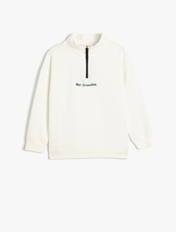 Boys' Long Sleeve Mock Neck Half-Zip Sweatshirt with Slogan Embroidery