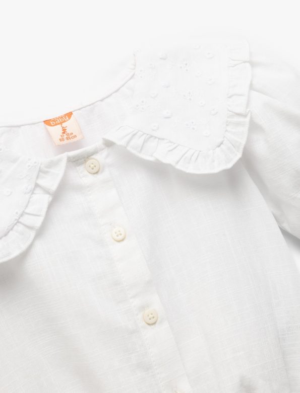 Girls' Short Sleeve Cotton Baby Collar Shirt with Embroidery