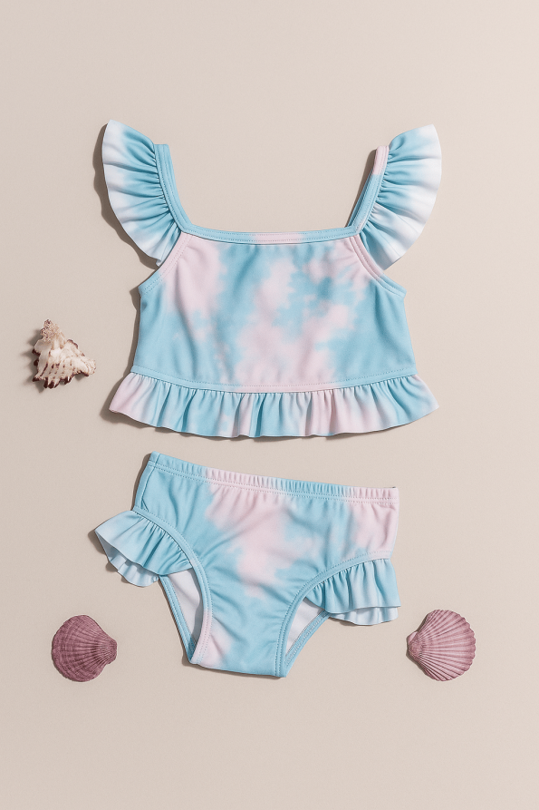 Girls' Cloud Print Ruffled Two-Piece Bikini Set