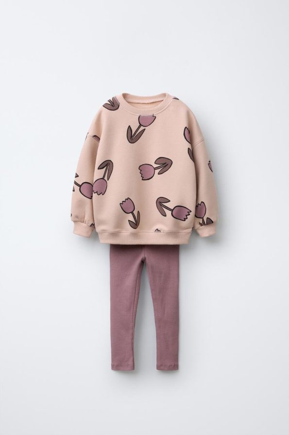 Girls' Cotton Floral Pattern Sweatshirt and Leggings Set - Daily Outfit