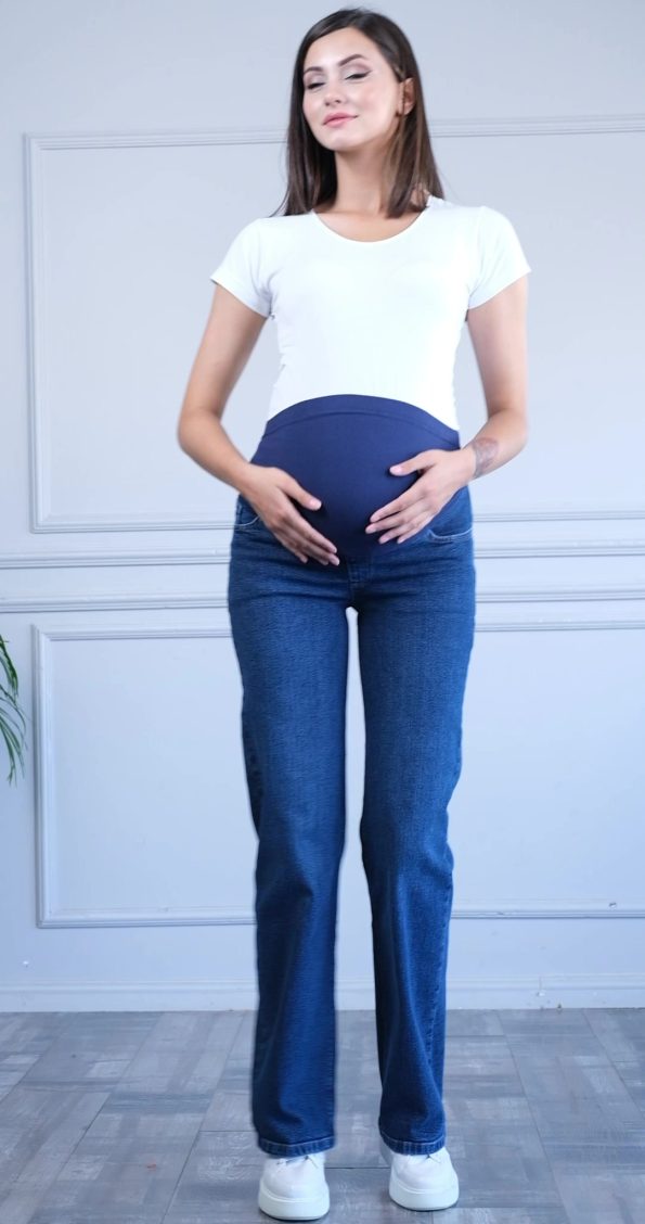BUSA Maternity Stretch Band High Waist Wide Leg Denim Pants Blue