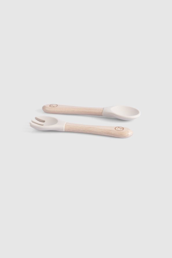 Bamboo Handle Beige Silicone Fork and Spoon Set