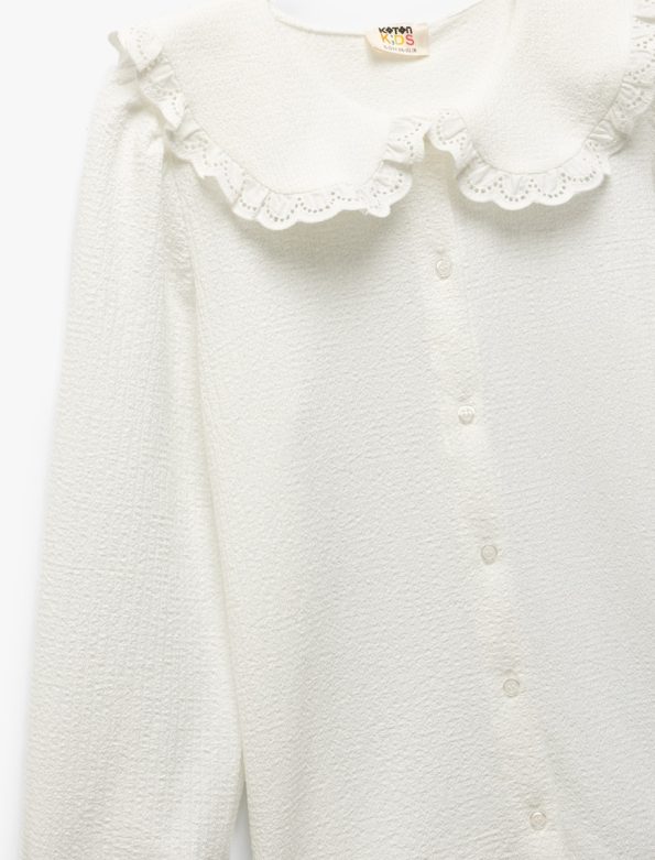 Girls' Ruffled Detail Button-Up Long Sleeve Peter Pan Collar Blouse