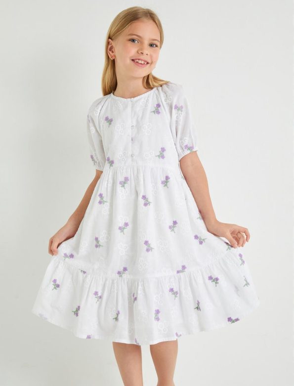 Girls' Cotton Floral Dress with Embroidery and Balloon Sleeves