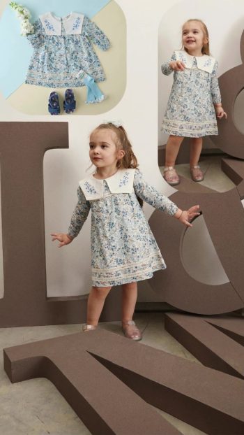 Maya And Luca Bloomy Spring Long Sleeve Embroidered Blue Dress