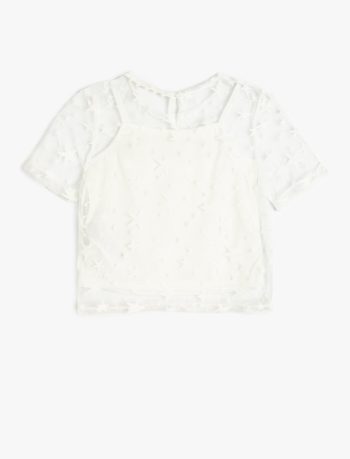 Girls' Short Sleeve Lace Detail Crew Neck Blouse