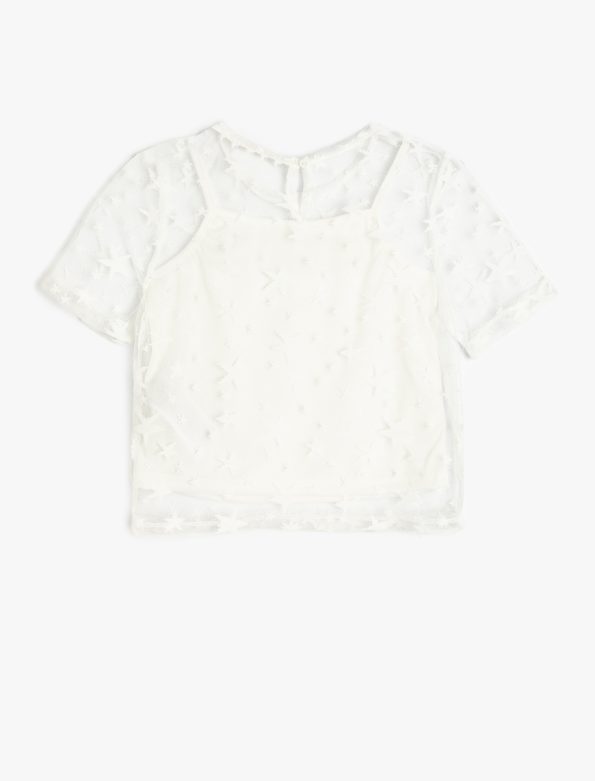 Girls' Short Sleeve Lace Detail Crew Neck Blouse