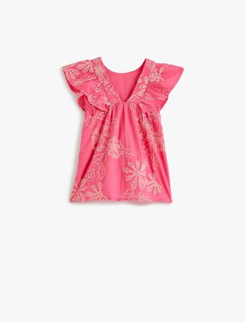 Flower Embroidered Sleeveless Ruffle Detail Round Neck Cotton Dress for Baby Girls
