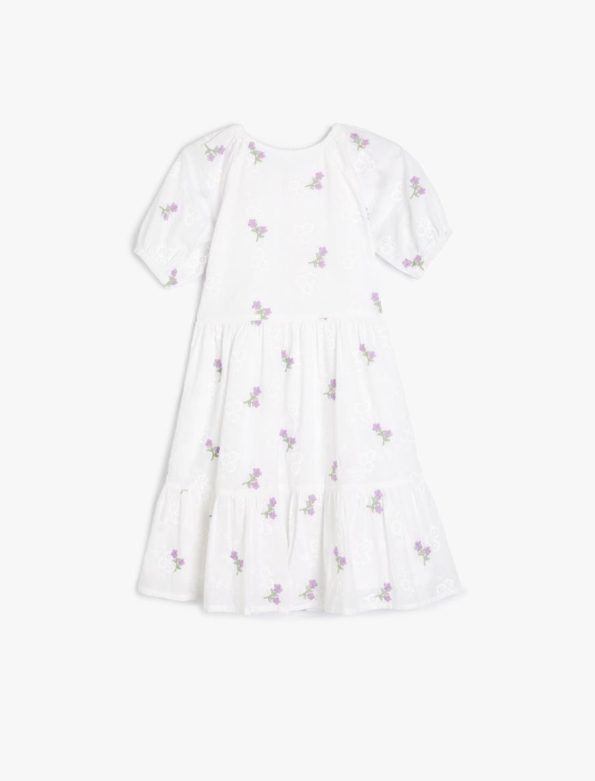Girls' Cotton Floral Dress with Embroidery and Balloon Sleeves