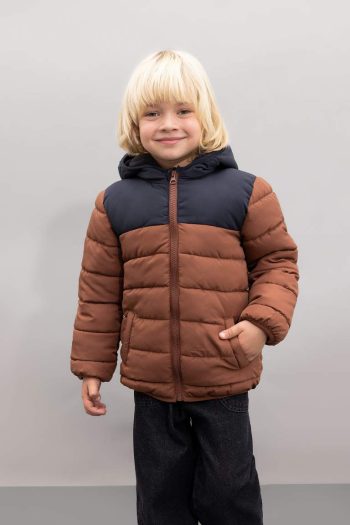 Boys' Water-Resistant Fleece-Lined Color Block Hooded Puffer Jacket