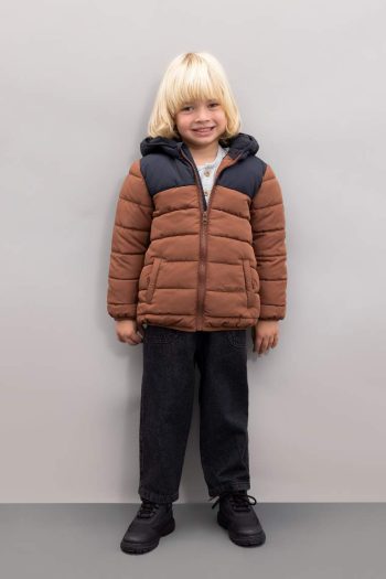 Boys' Water-Resistant Fleece-Lined Color Block Hooded Puffer Jacket