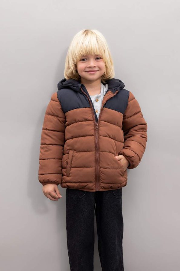 Boys' Water-Resistant Fleece-Lined Color Block Hooded Puffer Jacket
