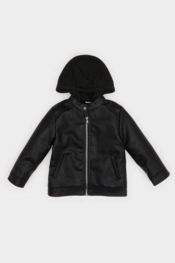 Boys' Hooded Plush Lined Zippered Faux Leather Jacket