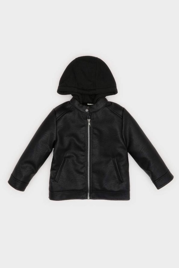 Boys' Hooded Plush Lined Zippered Faux Leather Jacket