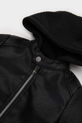 Boys' Hooded Plush Lined Zippered Faux Leather Jacket