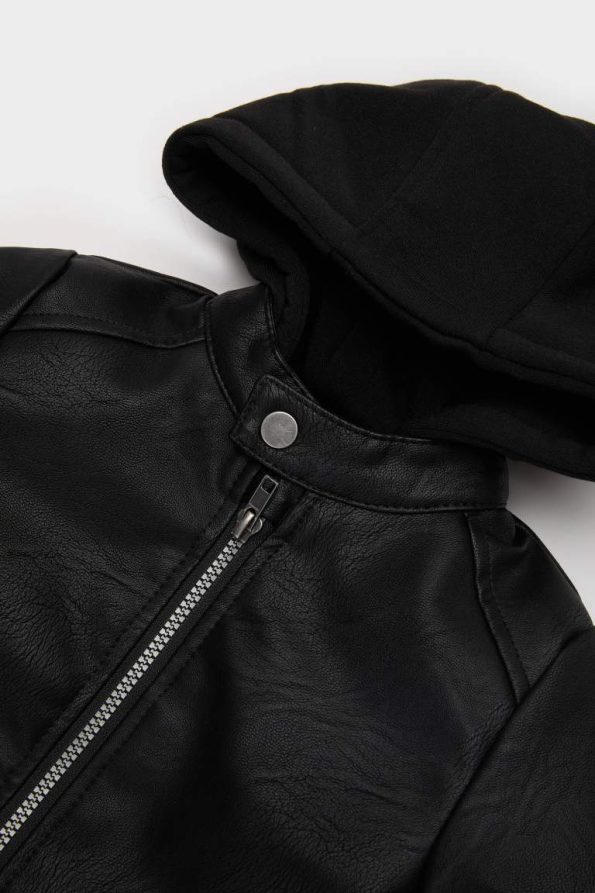 Boys' Hooded Plush Lined Zippered Faux Leather Jacket