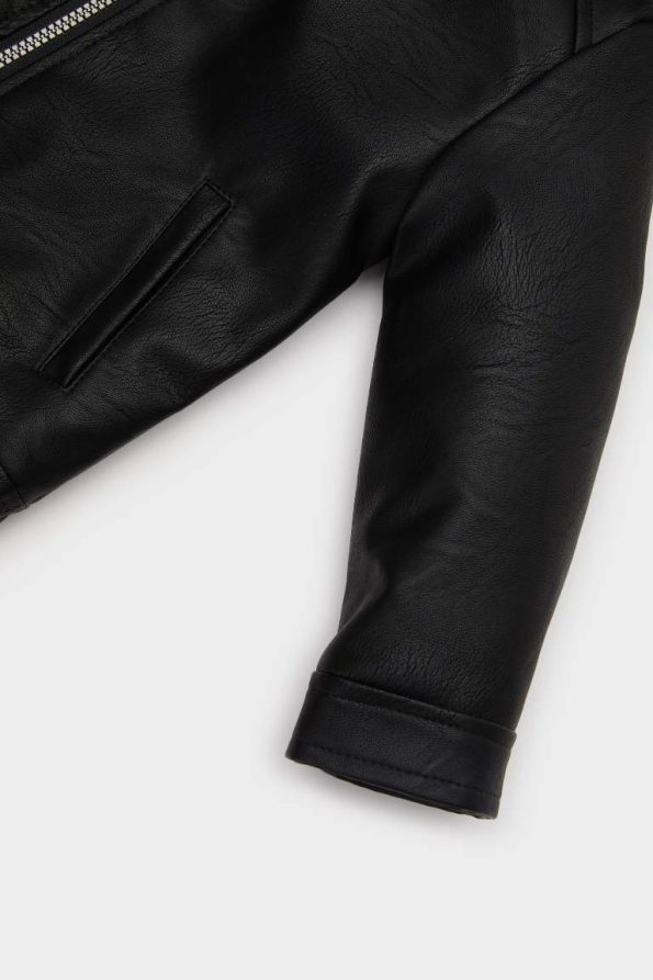 Boys' Hooded Plush Lined Zippered Faux Leather Jacket