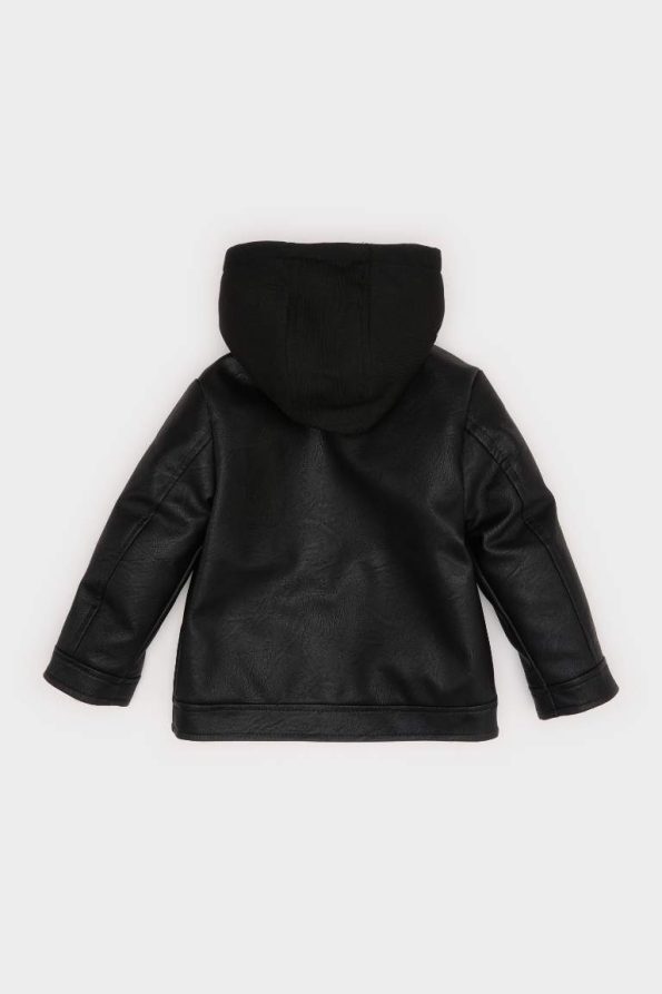 Boys' Hooded Plush Lined Zippered Faux Leather Jacket