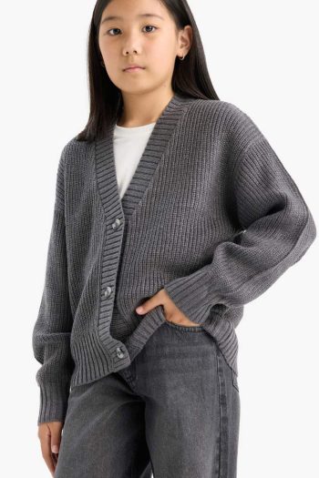 Girls' V-Neck Buttoned Knit Cardigan
