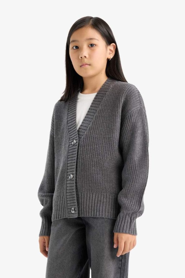 Girls' V-Neck Buttoned Knit Cardigan