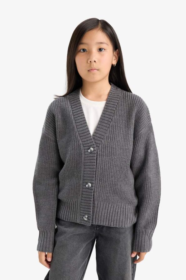 Girls' V-Neck Buttoned Knit Cardigan