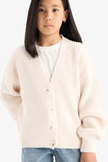 Girls' V-Neck Buttoned Knit Cardigan