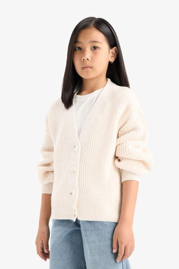 Girls' V-Neck Buttoned Knit Cardigan