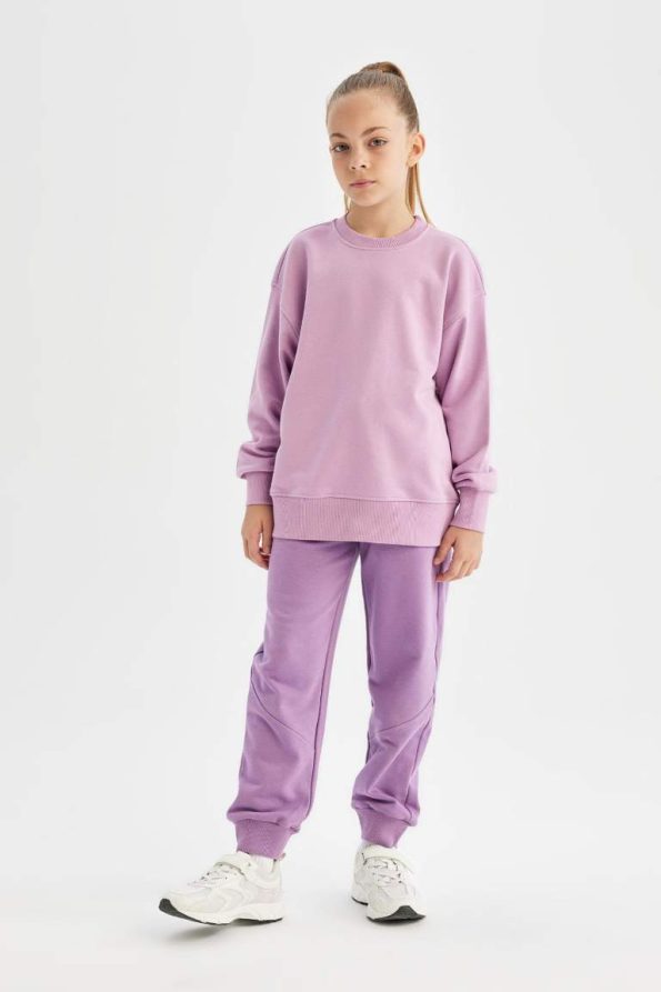 Girls' Lilac Relaxed Fit Cotton Basic Crew Neck School Sweatshirt