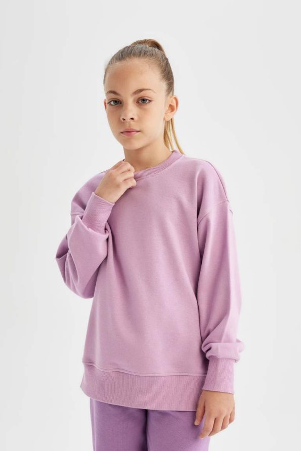 Girls' Lilac Relaxed Fit Cotton Basic Crew Neck School Sweatshirt