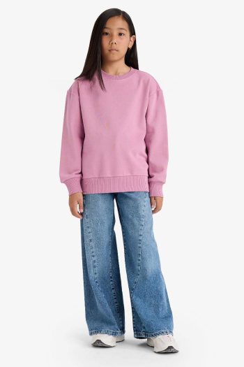 Girls' Relaxed Fit Round Neck Basic School Sweatshirt