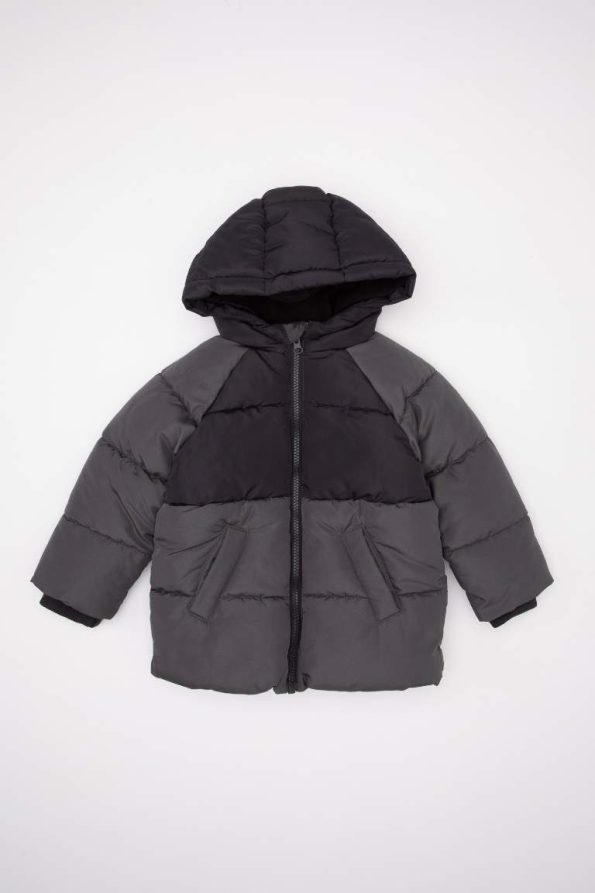 Boys' Hooded Water-Resistant Color Block Puffer Jacket with Fleece Lining
