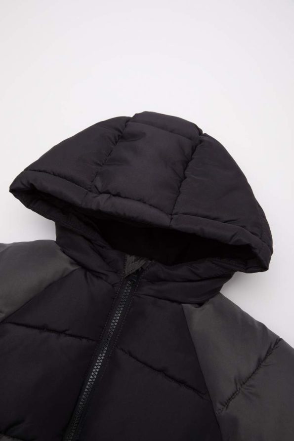 Boys' Hooded Water-Resistant Color Block Puffer Jacket with Fleece Lining