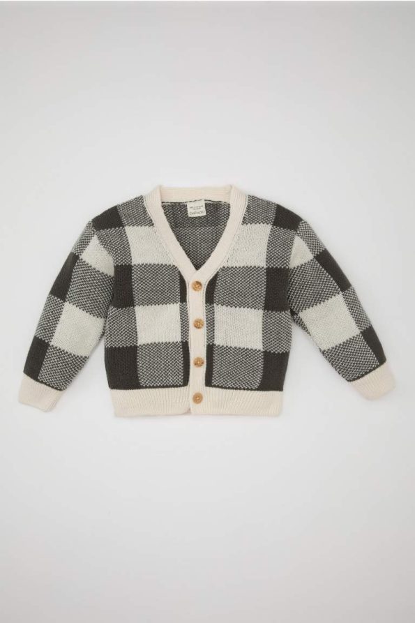 Boys' Checked V-Neck Buttoned Knit Cardigan