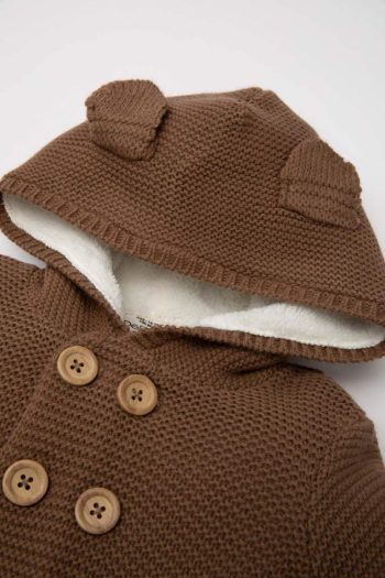 Brown Fleece-Lined Double-Breasted Hooded Knit Cardigan for Boys