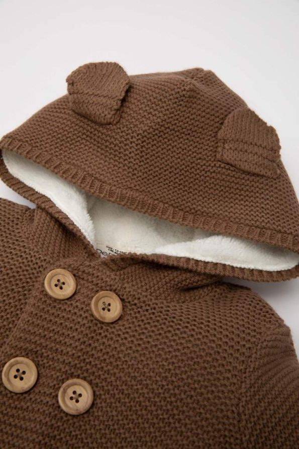 Brown Fleece-Lined Double-Breasted Hooded Knit Cardigan for Boys