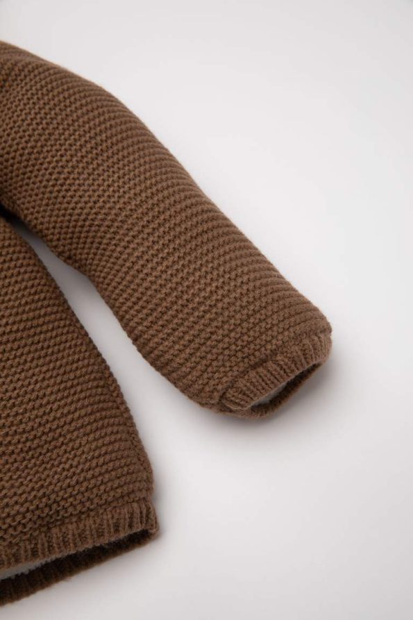 Brown Fleece-Lined Double-Breasted Hooded Knit Cardigan for Boys