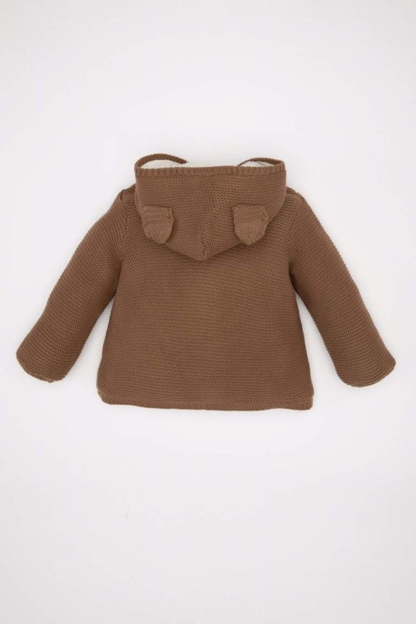 Brown Fleece-Lined Double-Breasted Hooded Knit Cardigan for Boys