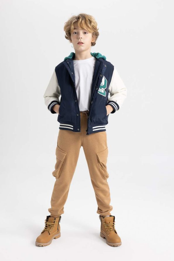Boys' Removable Hooded College Collar Printed Snap Button Pocket Seasonal Bomber Jacket