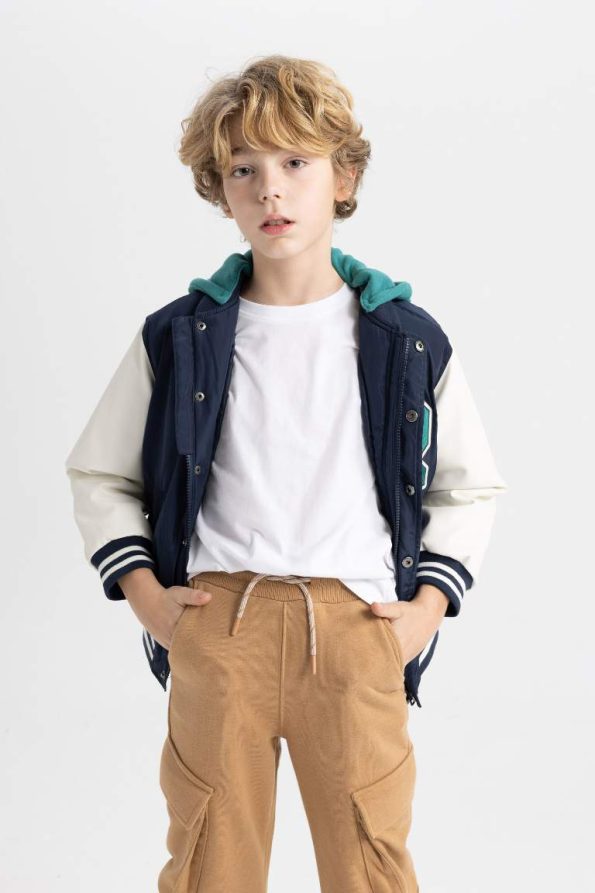Boys' Removable Hooded College Collar Printed Snap Button Pocket Seasonal Bomber Jacket