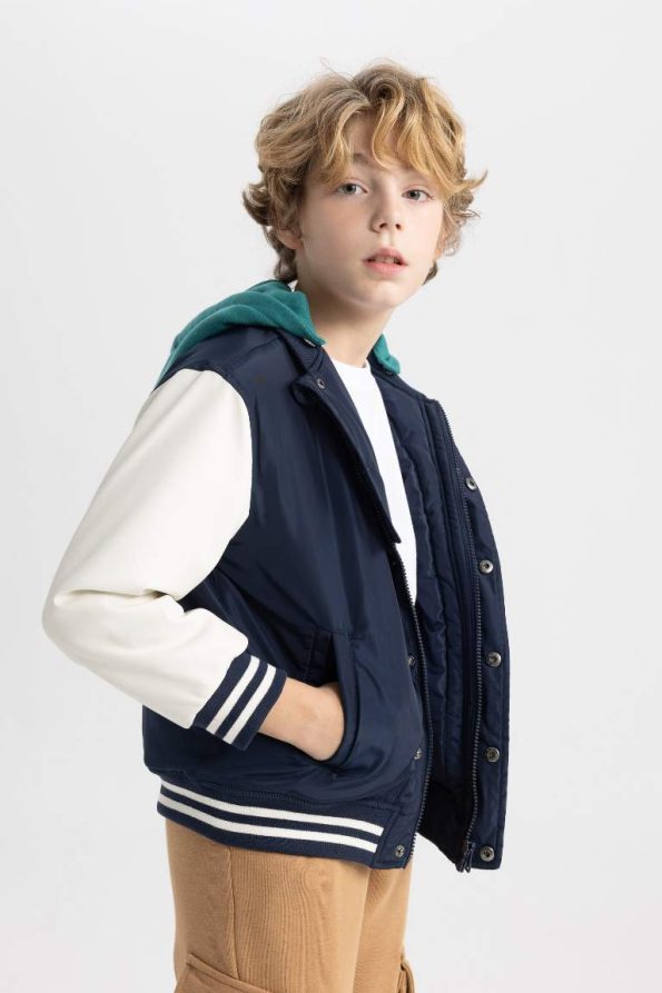 Boys' Removable Hooded College Collar Printed Snap Button Pocket Seasonal Bomber Jacket
